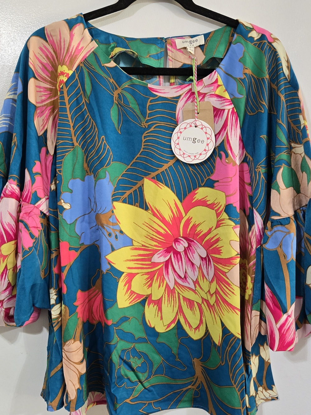 Umgee Tropical Floral Print Women's Blouse Tiered Ruffle Three Quarter Sleeves S